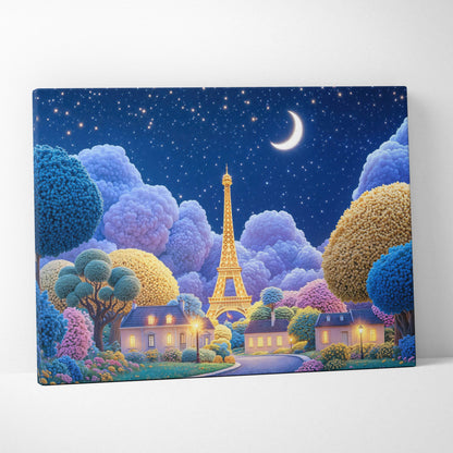 Whimsical glowing Eiffel Tower dreamy village starry night canvas art
