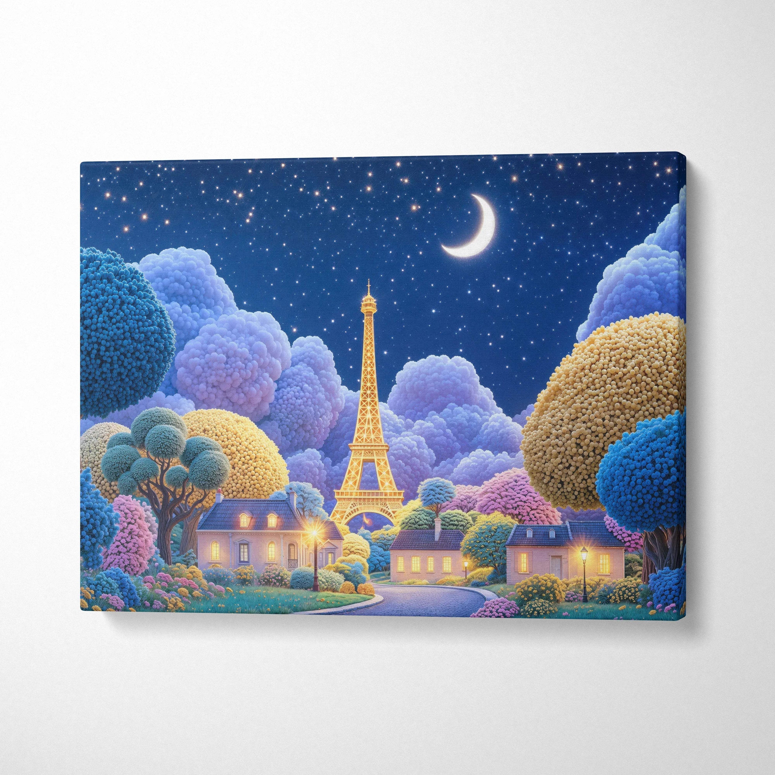 Whimsical glowing Eiffel Tower village under starry sky in blues pinks