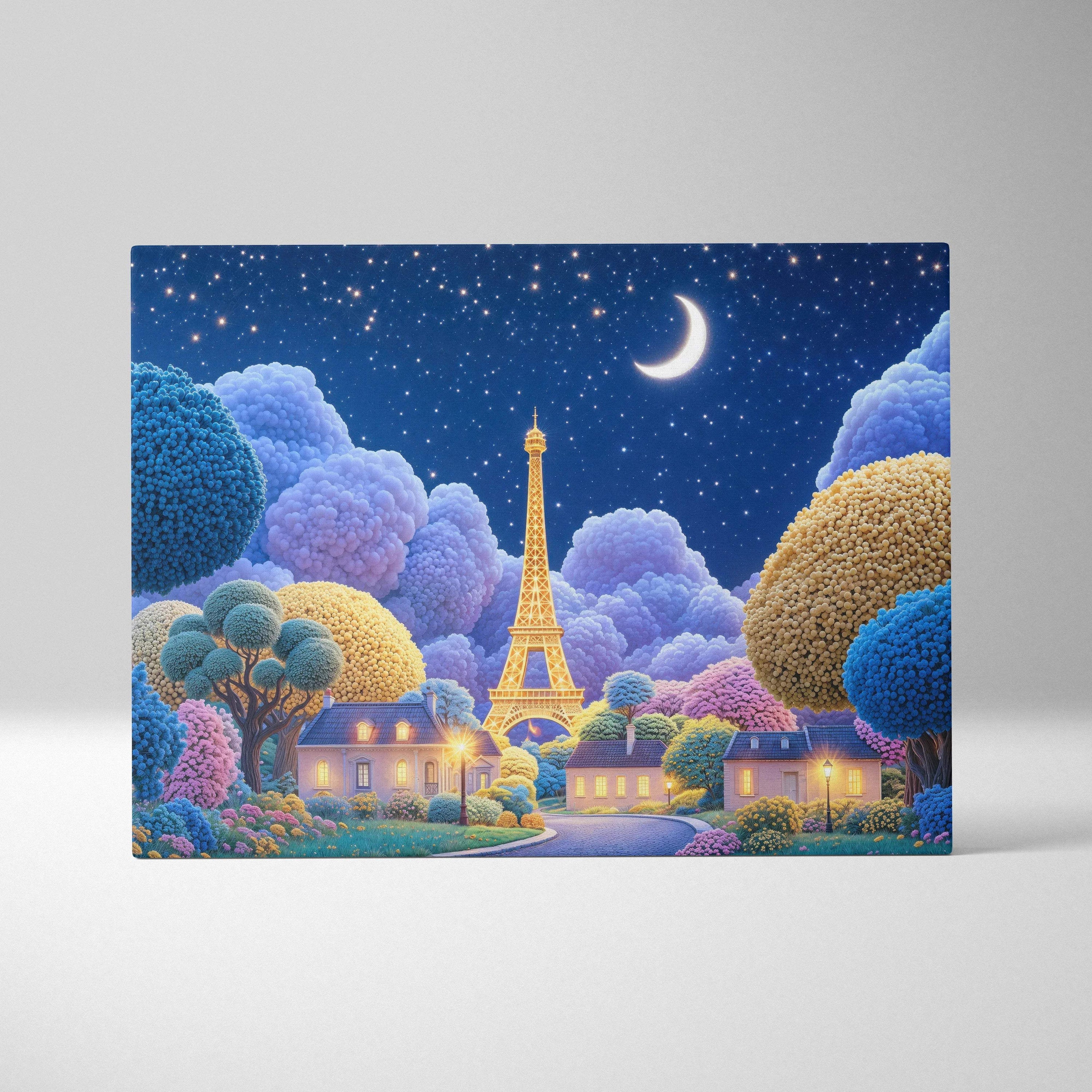 Whimsical glowing Eiffel Tower village under starry moon in blues pinks canvas art
