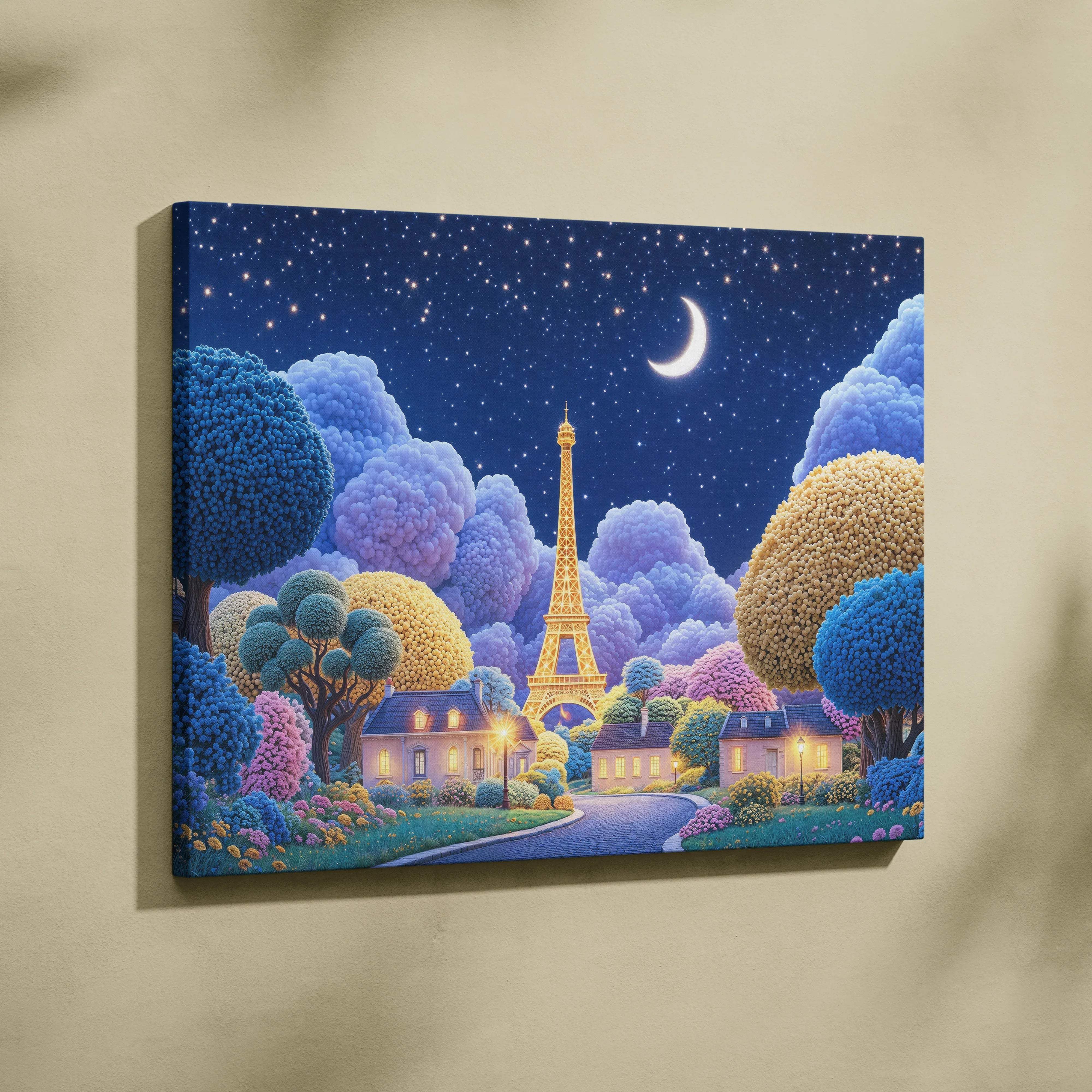Whimsical glowing Eiffel Tower village under starry moon in blues pinks