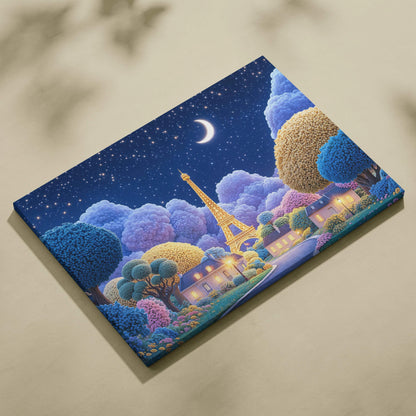 Whimsical glowing Eiffel Tower dreamy village under starry moon in blues pinks