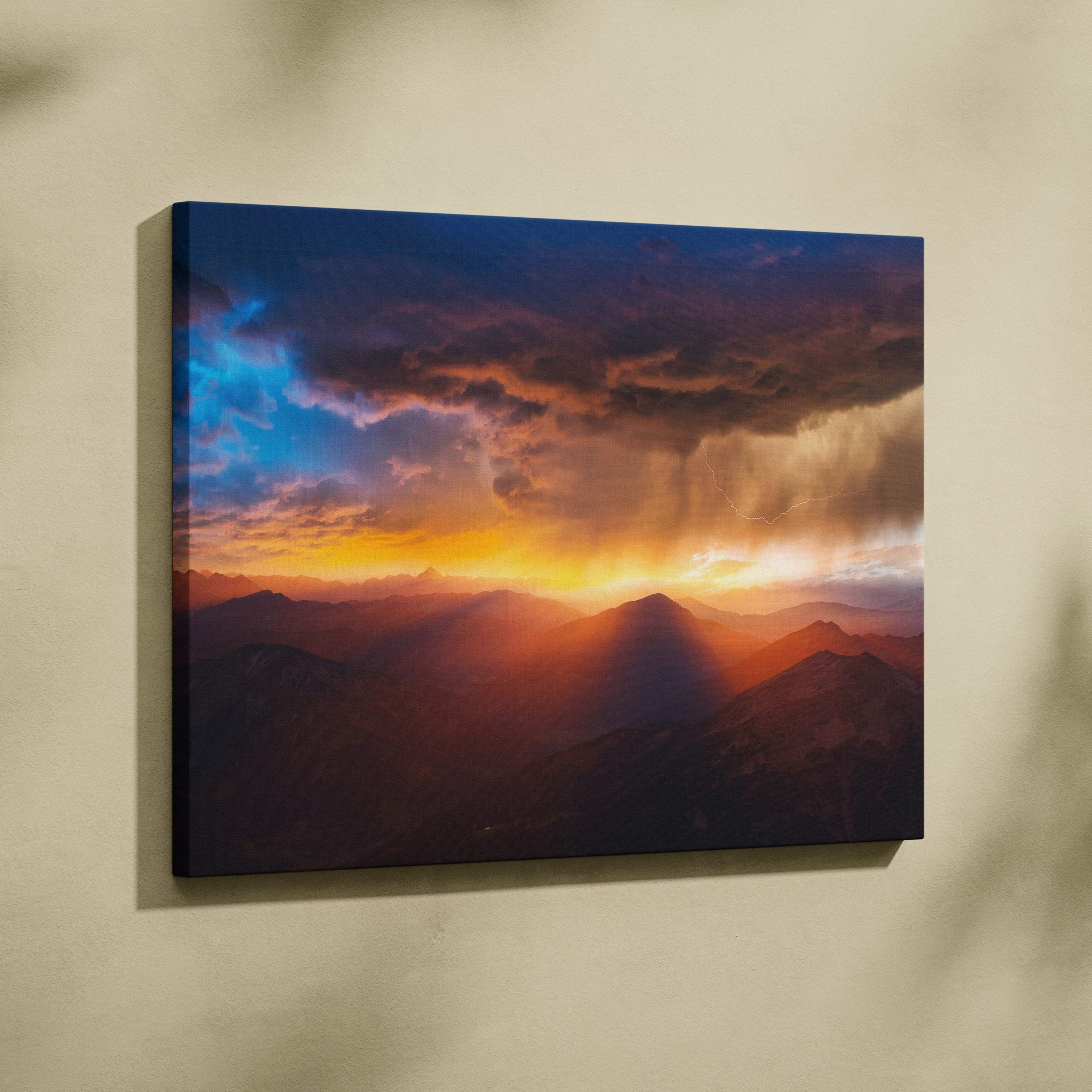Mountain storm sunset canvas art with fiery orange and deep blue clouds showcasing dramatic lightning over peaks