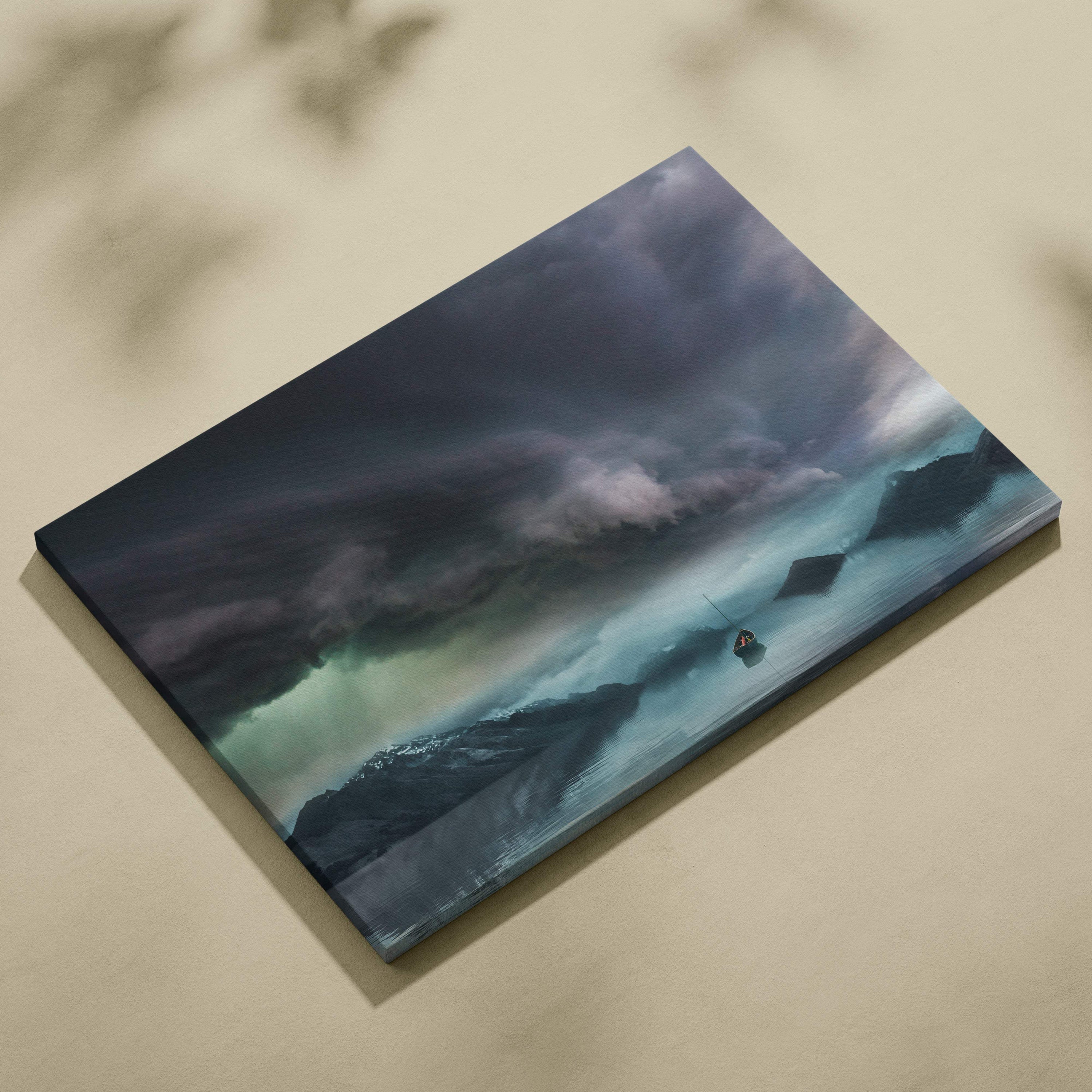 Rectangular canvas print of a moody dark-toned seascape with stormy clouds and distant mountains for wall decor