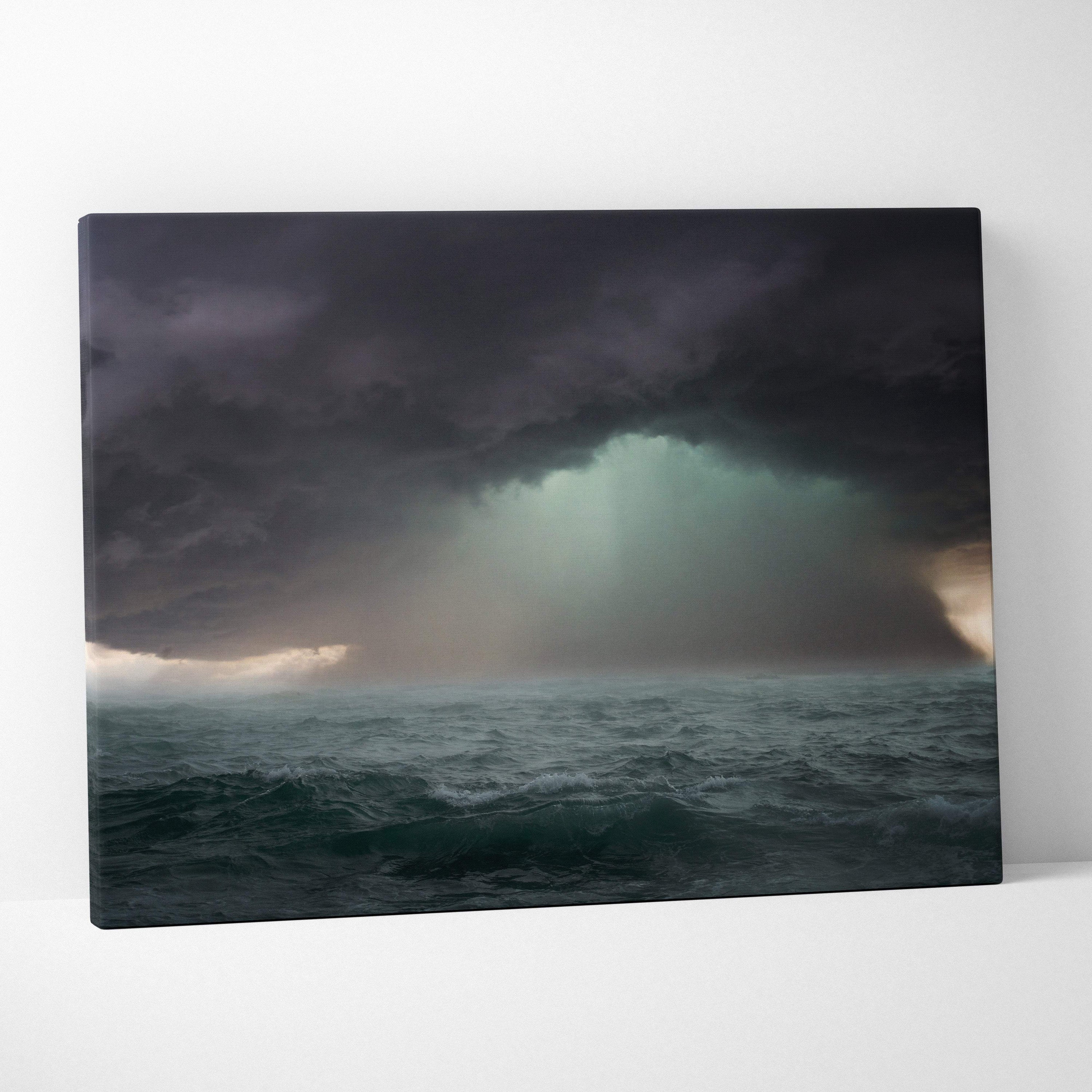 Dark ocean storm canvas art featuring a turbulent sea and moody sky with greenish light breaking the horizon