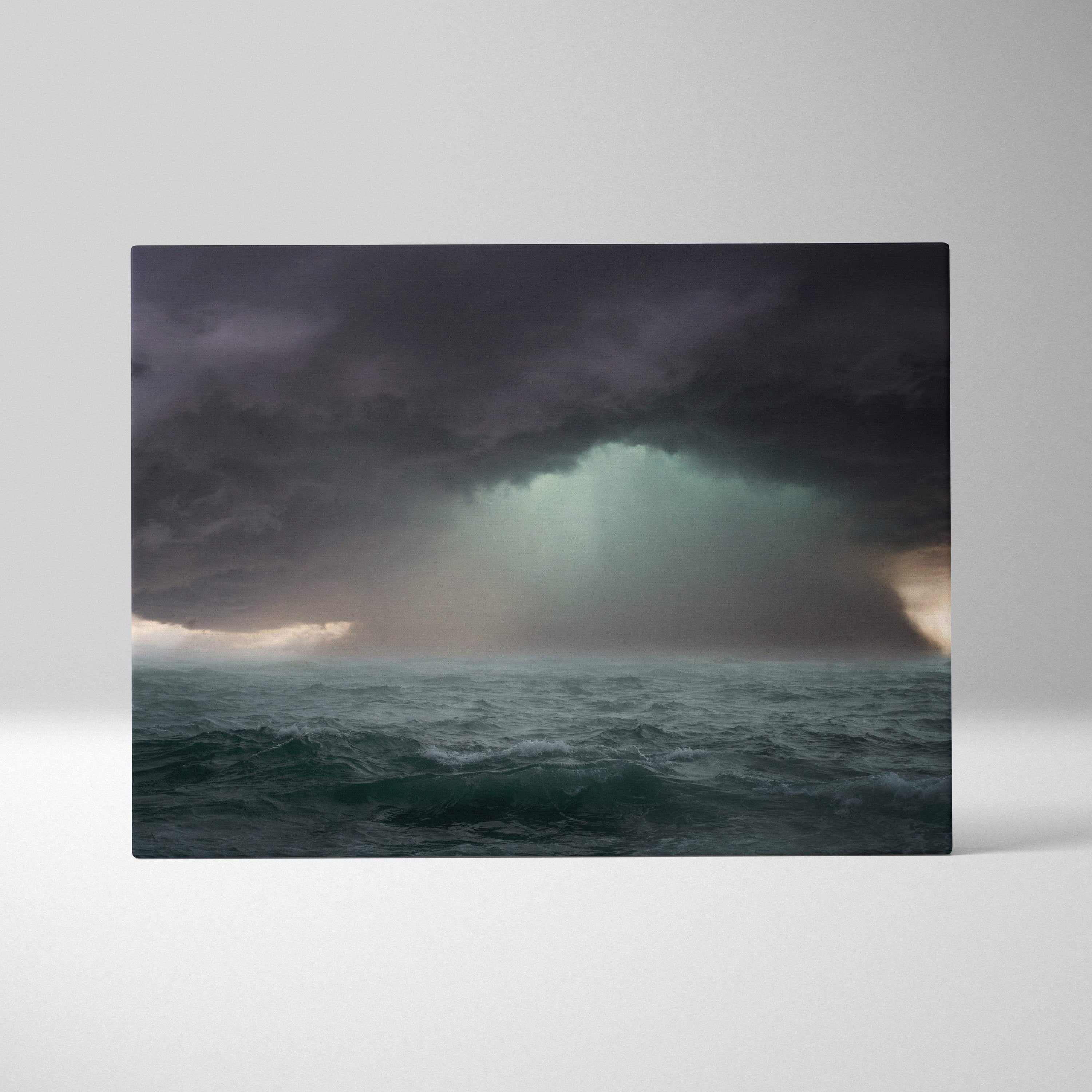 Dark ocean storm canvas art featuring a dramatic rain wall print with turbulent sea and moody sky seascape