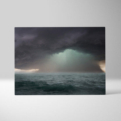 Dark ocean storm canvas art featuring a dramatic rain wall print with turbulent sea and moody sky seascape