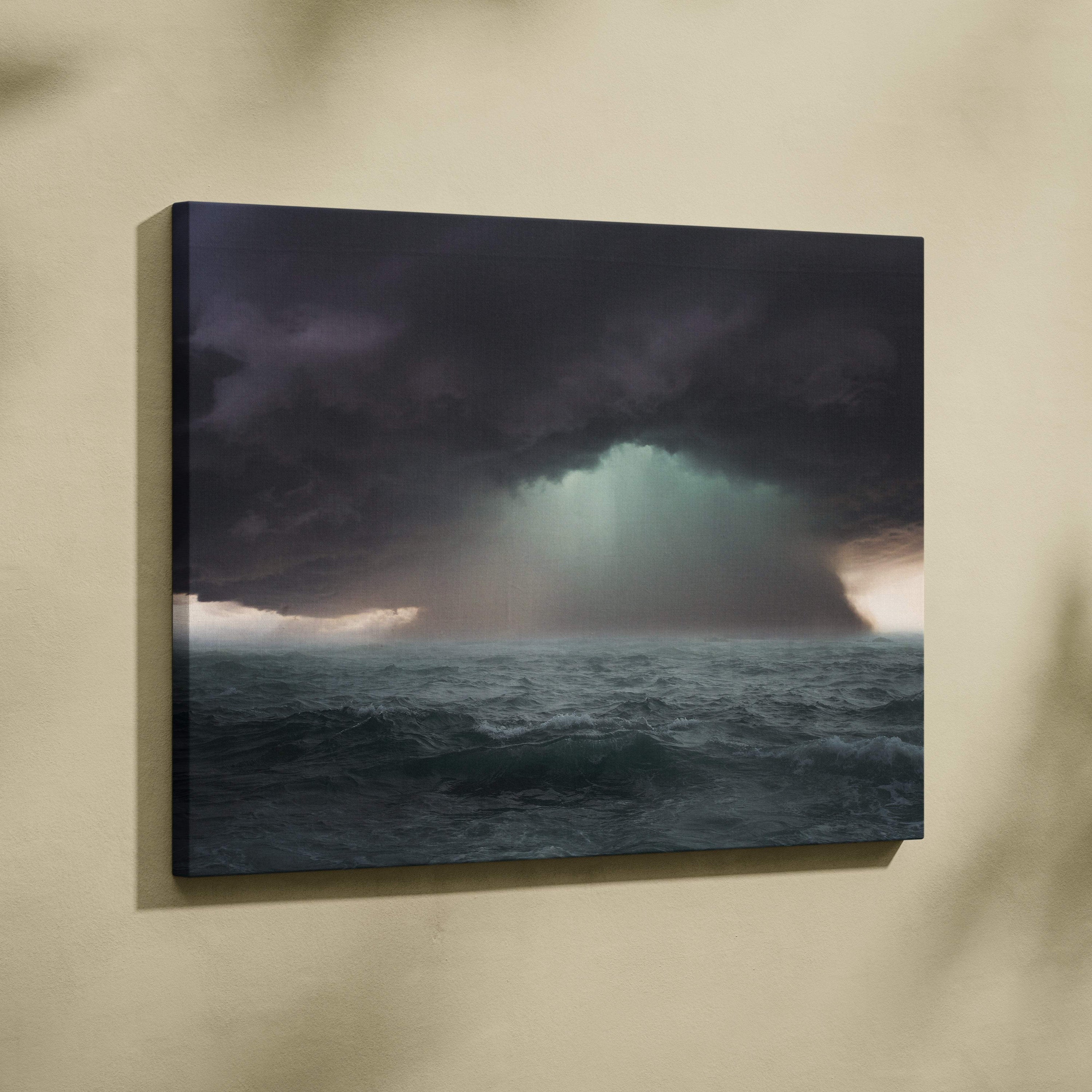 Dark ocean storm canvas art showing a turbulent sea under moody clouds with dramatic light breaking through
