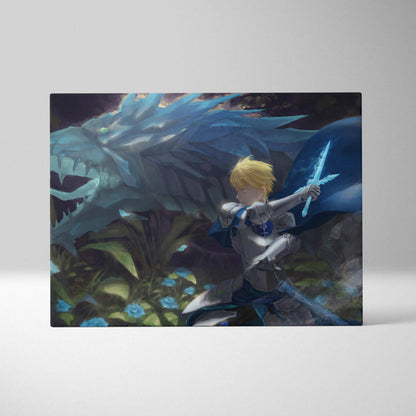 Blonde anime knight with glowing blue sword battles icy dragon canvas art
