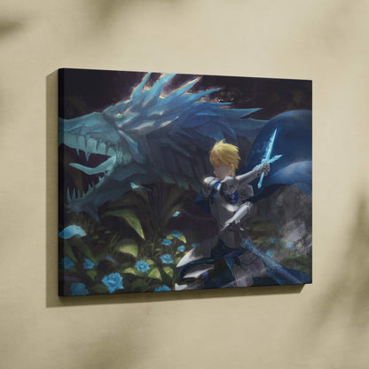 Blonde anime knight with glowing blue sword battles icy dragon canvas art