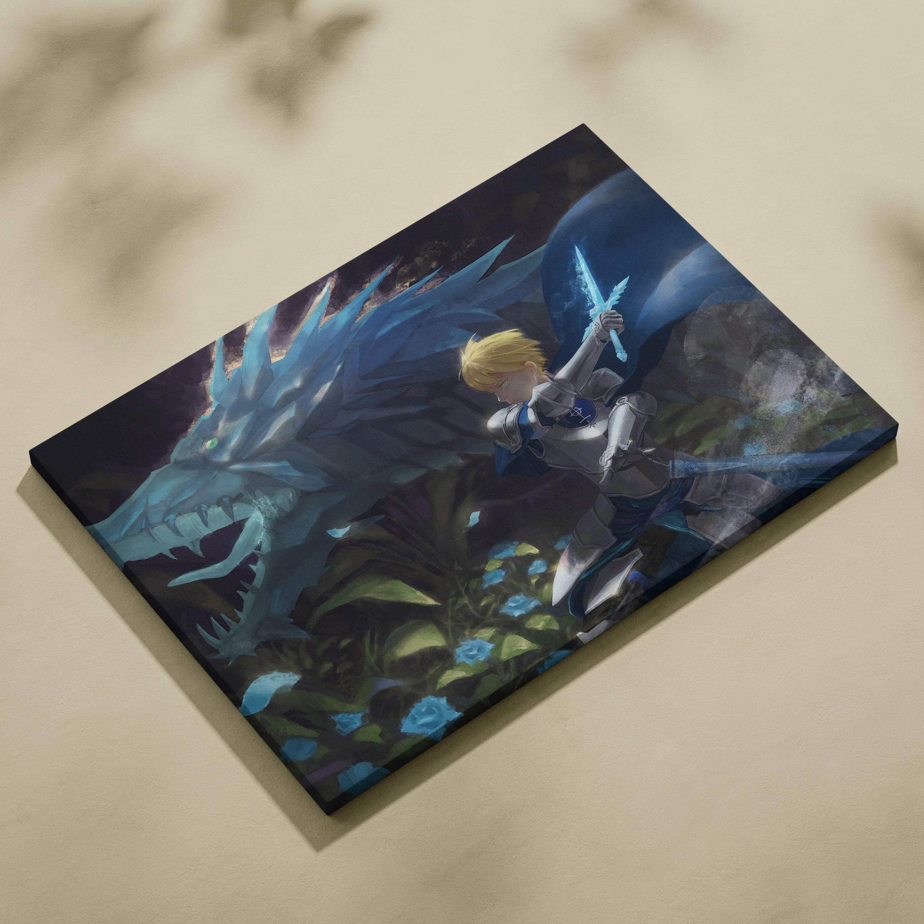 Blonde anime knight with glowing blue sword battles icy dragon canvas art