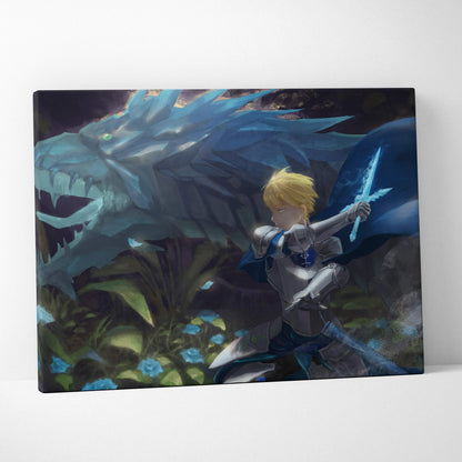 Blonde anime knight with glowing blue sword battles icy dragon fantasy art