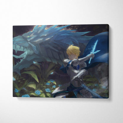 Blonde anime knight with glowing blue sword battles icy dragon canvas art