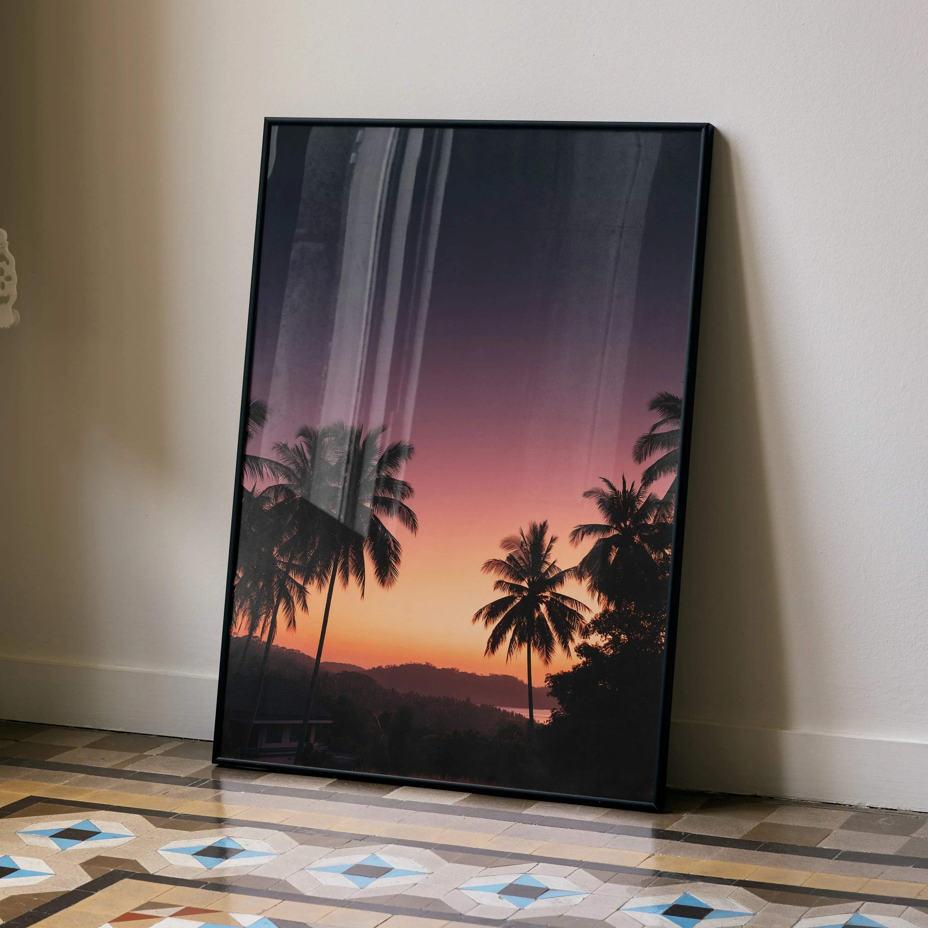 Golden hour sunset nature poster with palm trees silhouette, vibrant sky wall art.