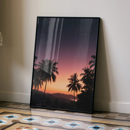 Golden hour sunset nature poster with palm trees silhouette, vibrant sky wall art.