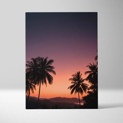 Vertical canvas wall art featuring vibrant sunset sky with silhouetted palm trees and distant hills.