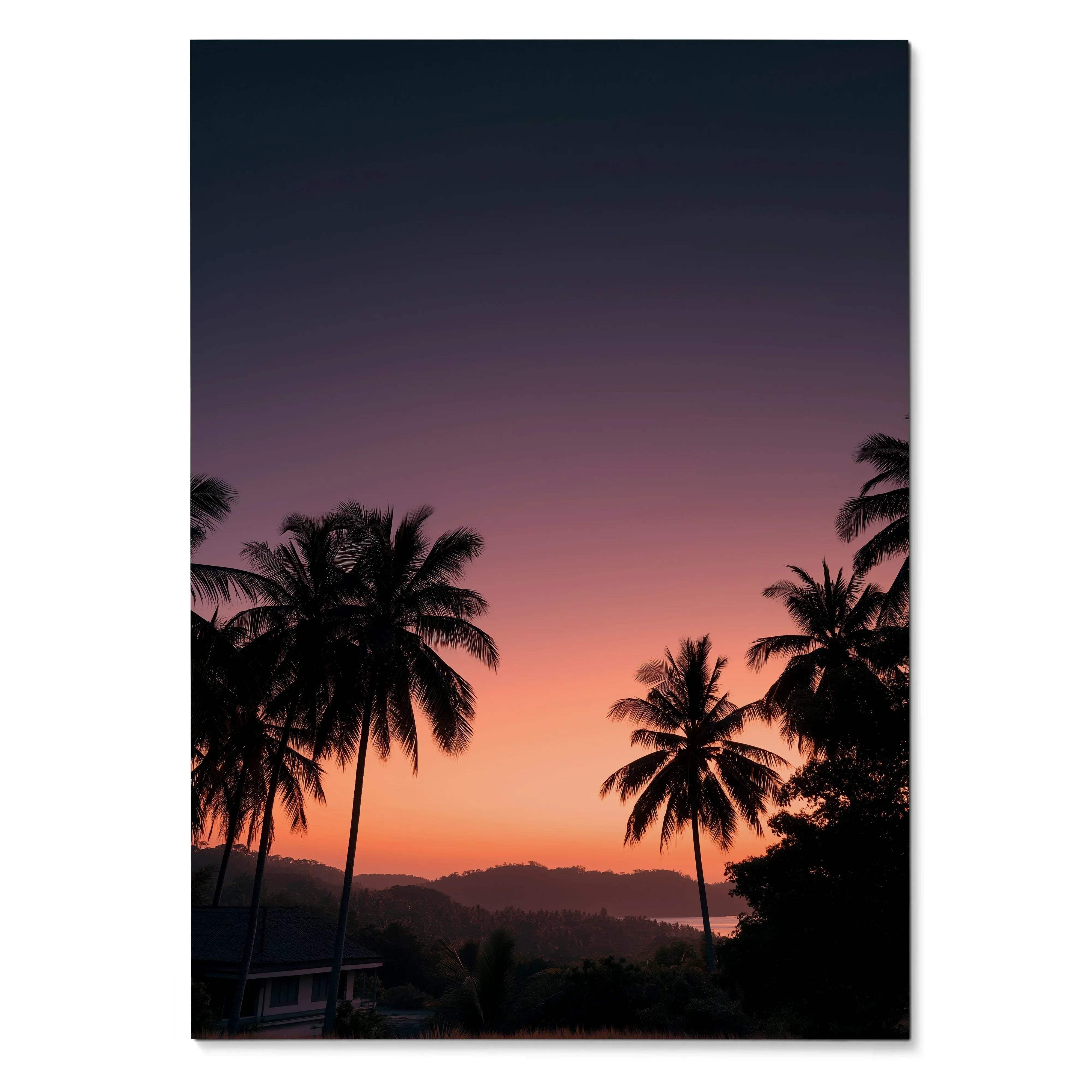 Golden hour sunset wall art poster with silhouetted palm trees and purple-orange sky.