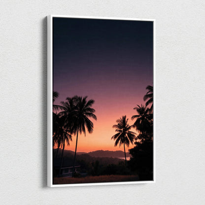 Canvas wall art featuring a vibrant sunset landscape with silhouetted palm trees and distant hills.