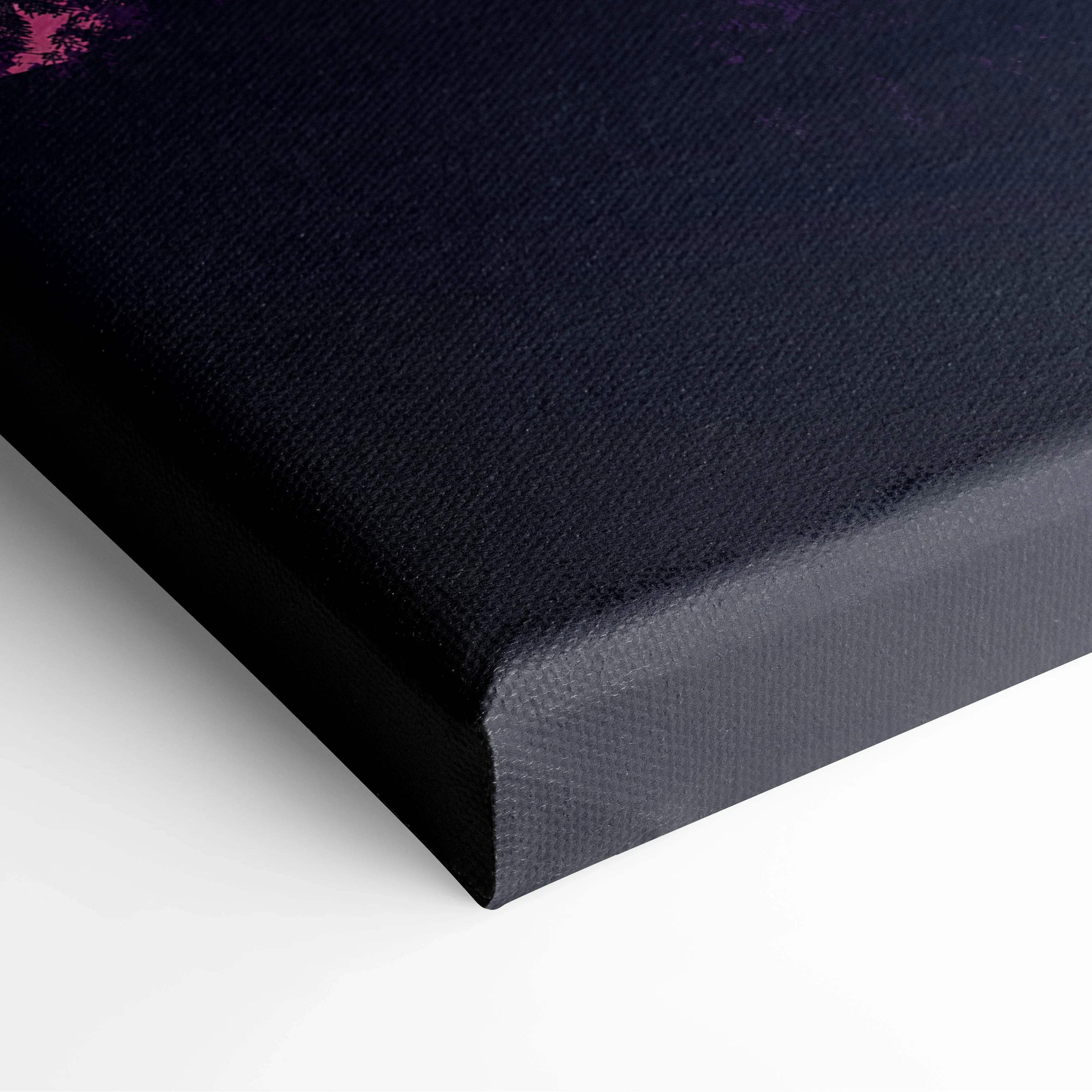 Black textured canvas print with purple accents and pastel twilight mountain landscape