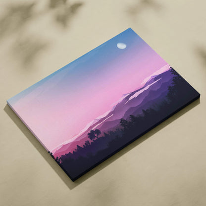 Pastel twilight mountain landscape canvas with moon, forest silhouettes, pink lavender blue hues