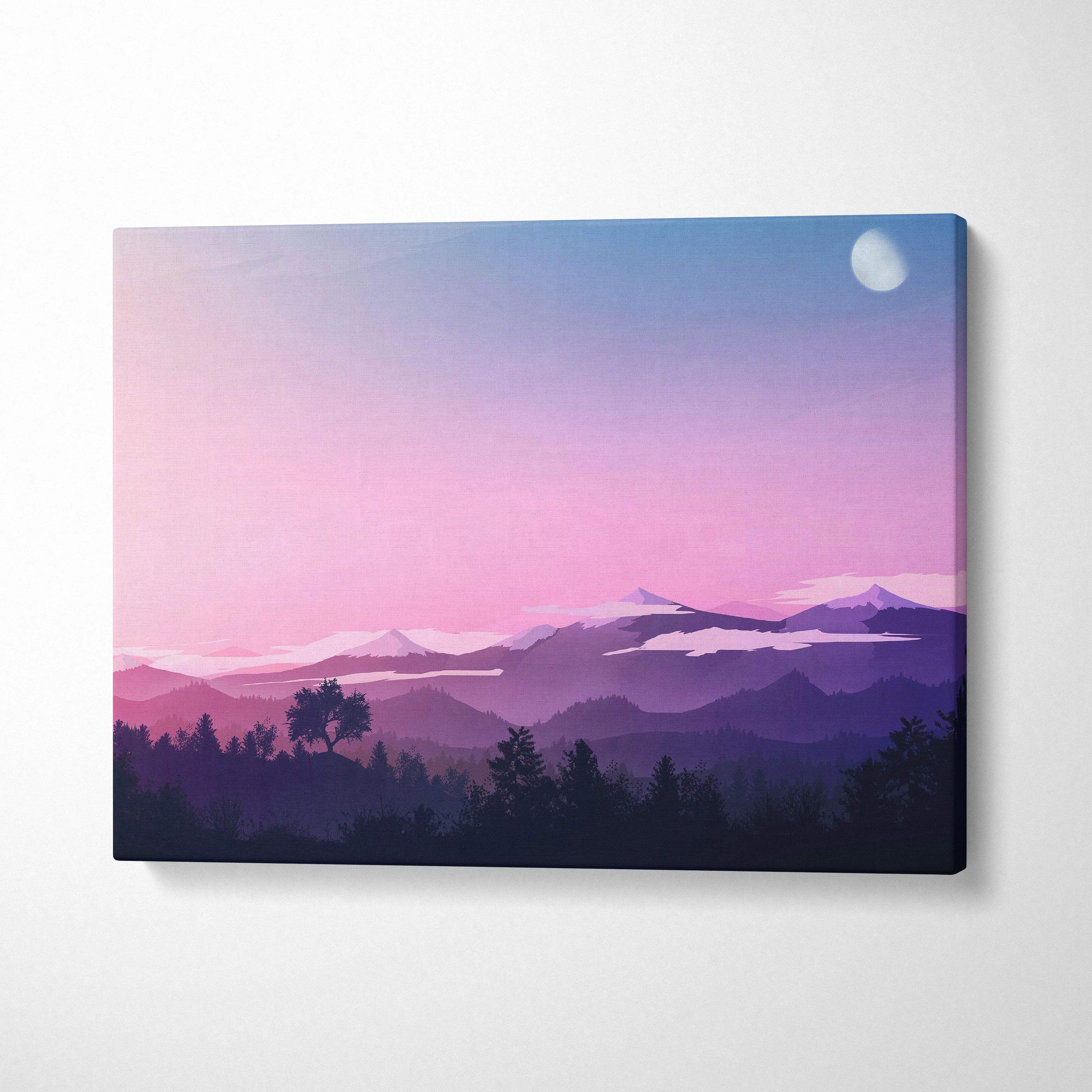 Pastel twilight mountain canvas art with moon, forest silhouettes, pink lavender hues