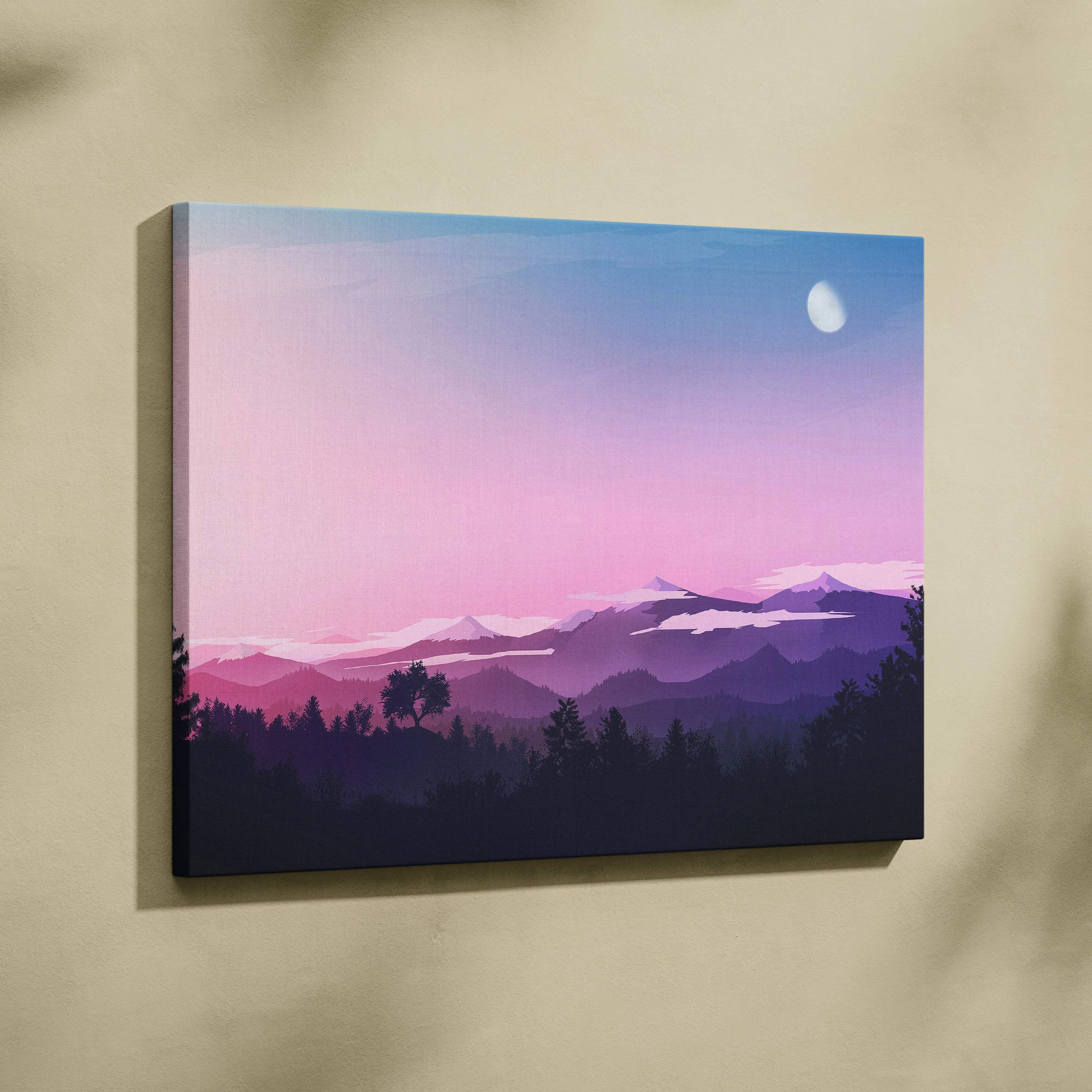 Pastel twilight mountain landscape canvas with moon and forest silhouettes