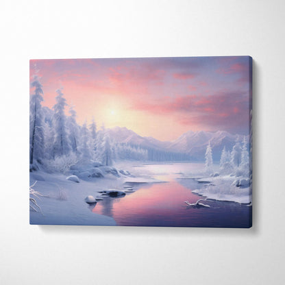 Dreamlike winter landscape canvas print with snowy forest, frozen river, pastel sunrise