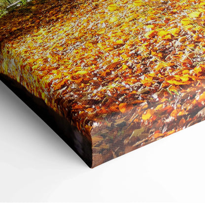 Canvas wall art featuring vibrant autumn leaves in rich orange and yellow tones on nature-themed print.