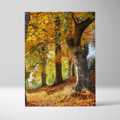 Vibrant autumn forest scene with golden leaves on canvas wall art print.