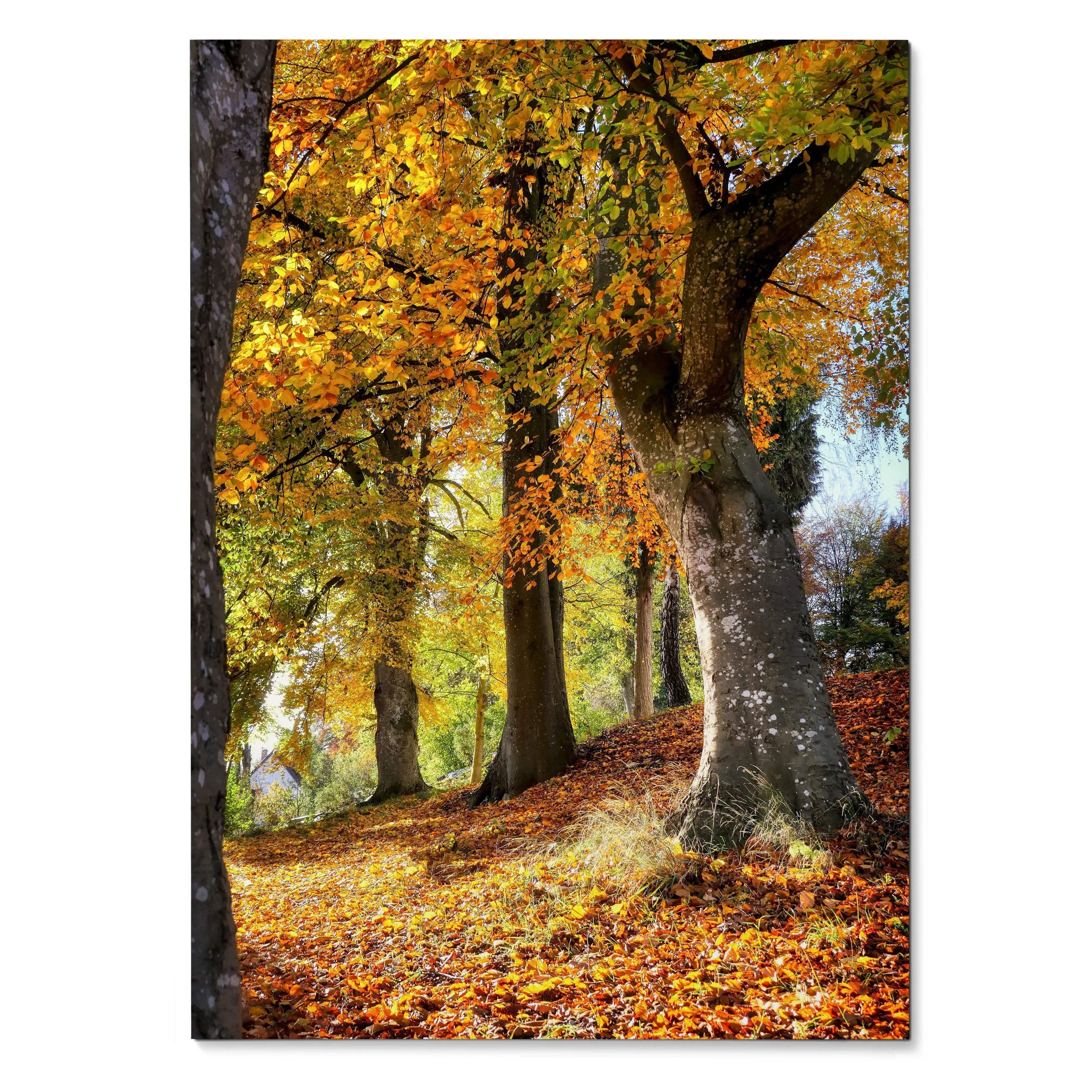 Vertical autumn forest wall art poster with golden leaves and tall tree trunks.