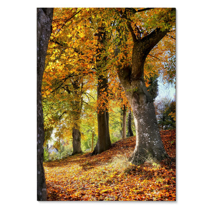 Vertical autumn forest wall art poster with golden leaves and tall tree trunks.