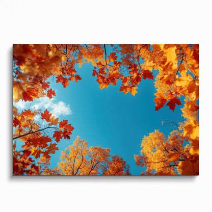Autumn landscape poster with vibrant orange and red leaves framing bright blue sky wall art.