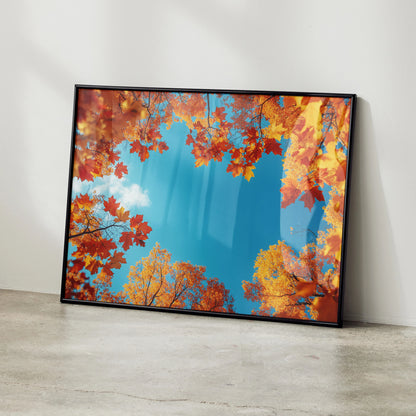 Autumn landscape digital art poster with vibrant orange and yellow leaves against blue sky wall art.