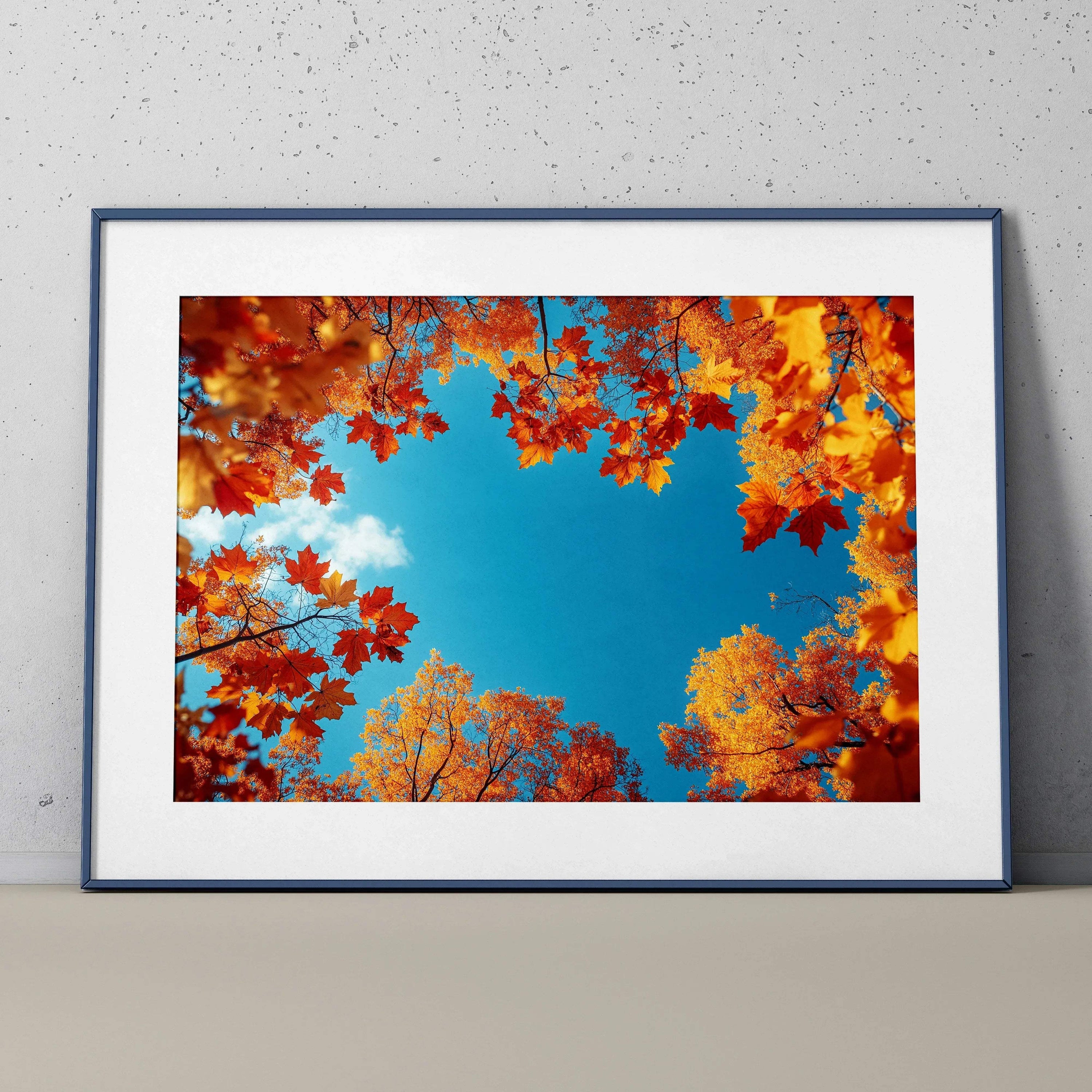 Autumn landscape digital art poster with vibrant orange and yellow leaves framing bright blue sky wall art.