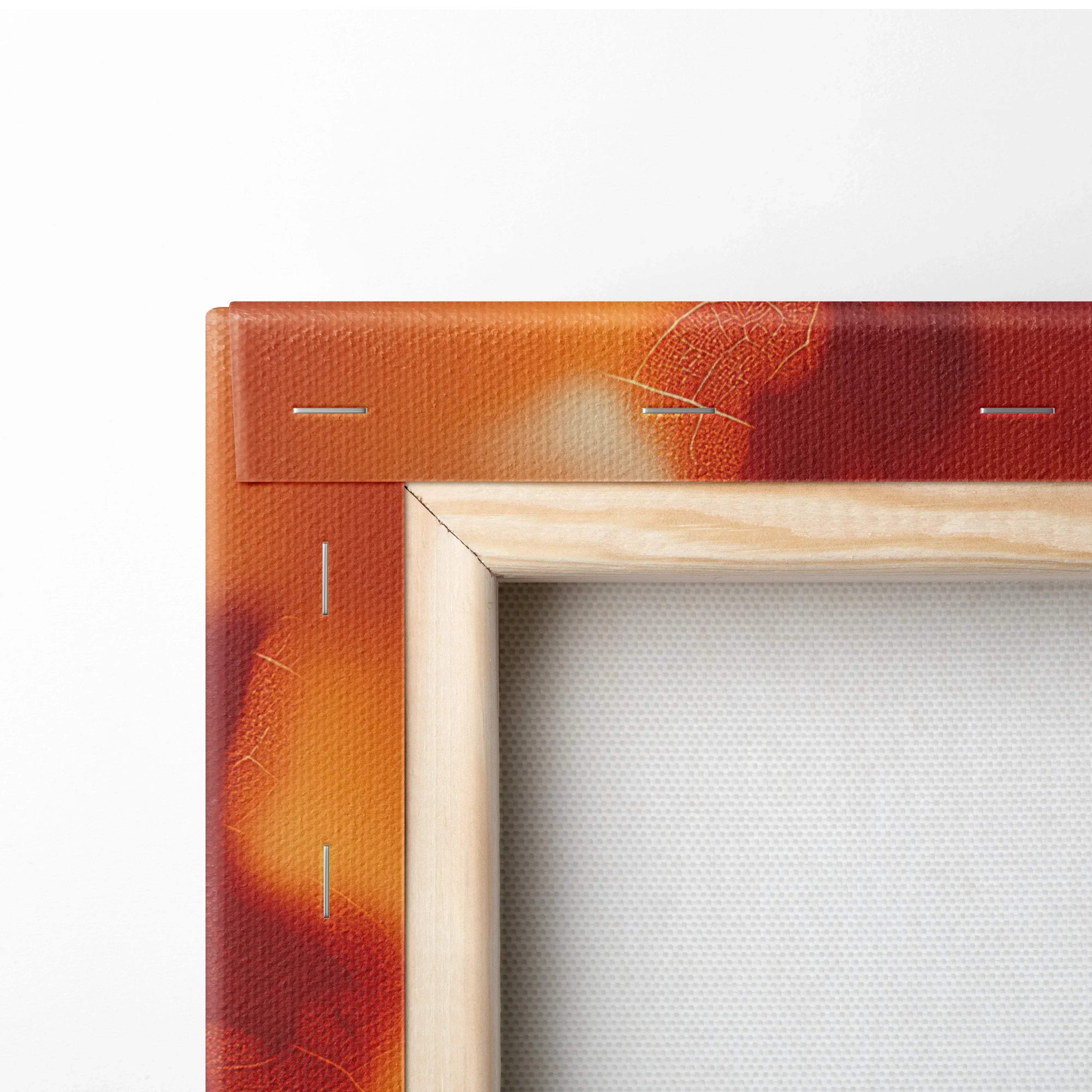 Close-up of canvas wall art corner with autumn forest colors and wooden frame edges.