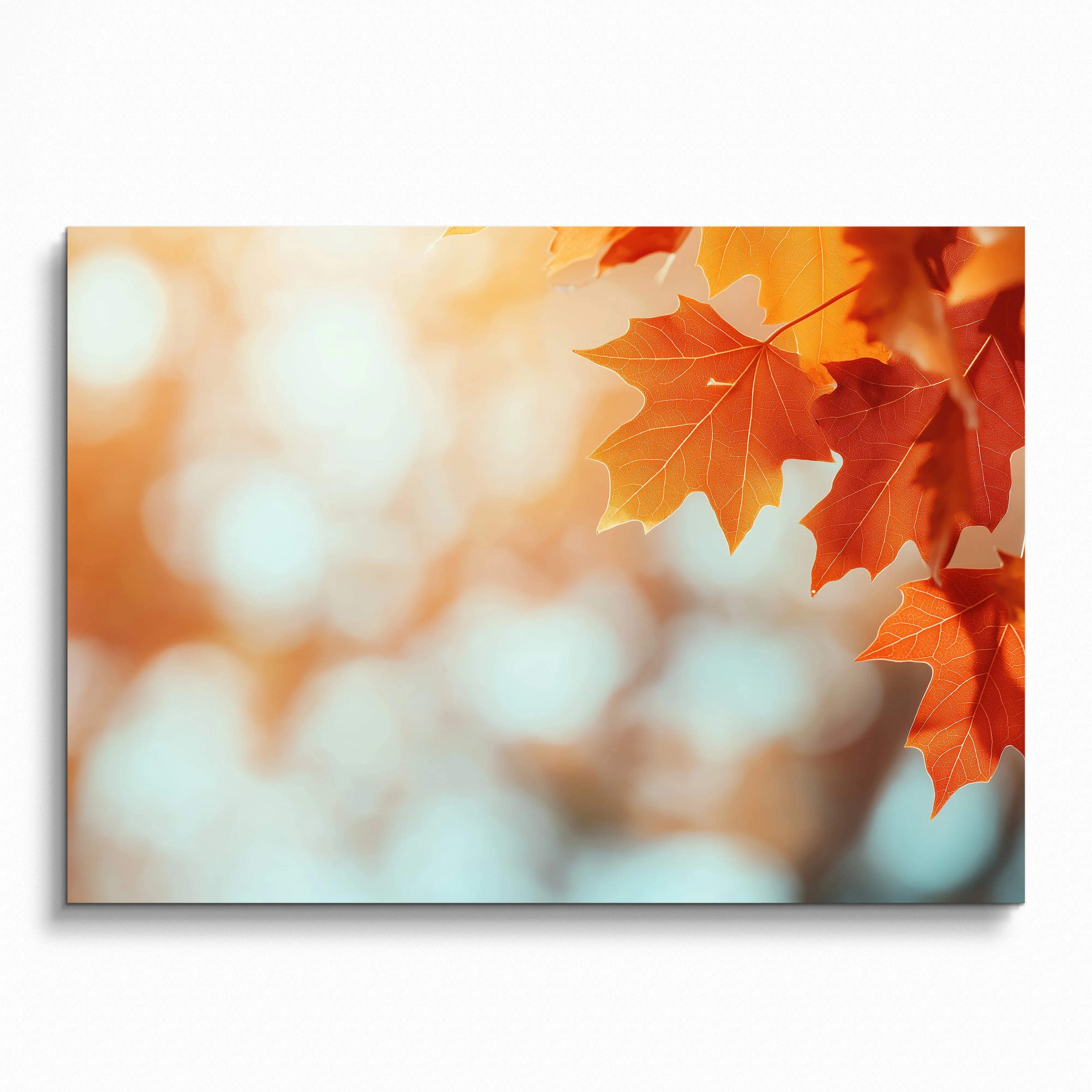 Autumn leaves digital art poster with warm orange tones, soft focus nature wall art.