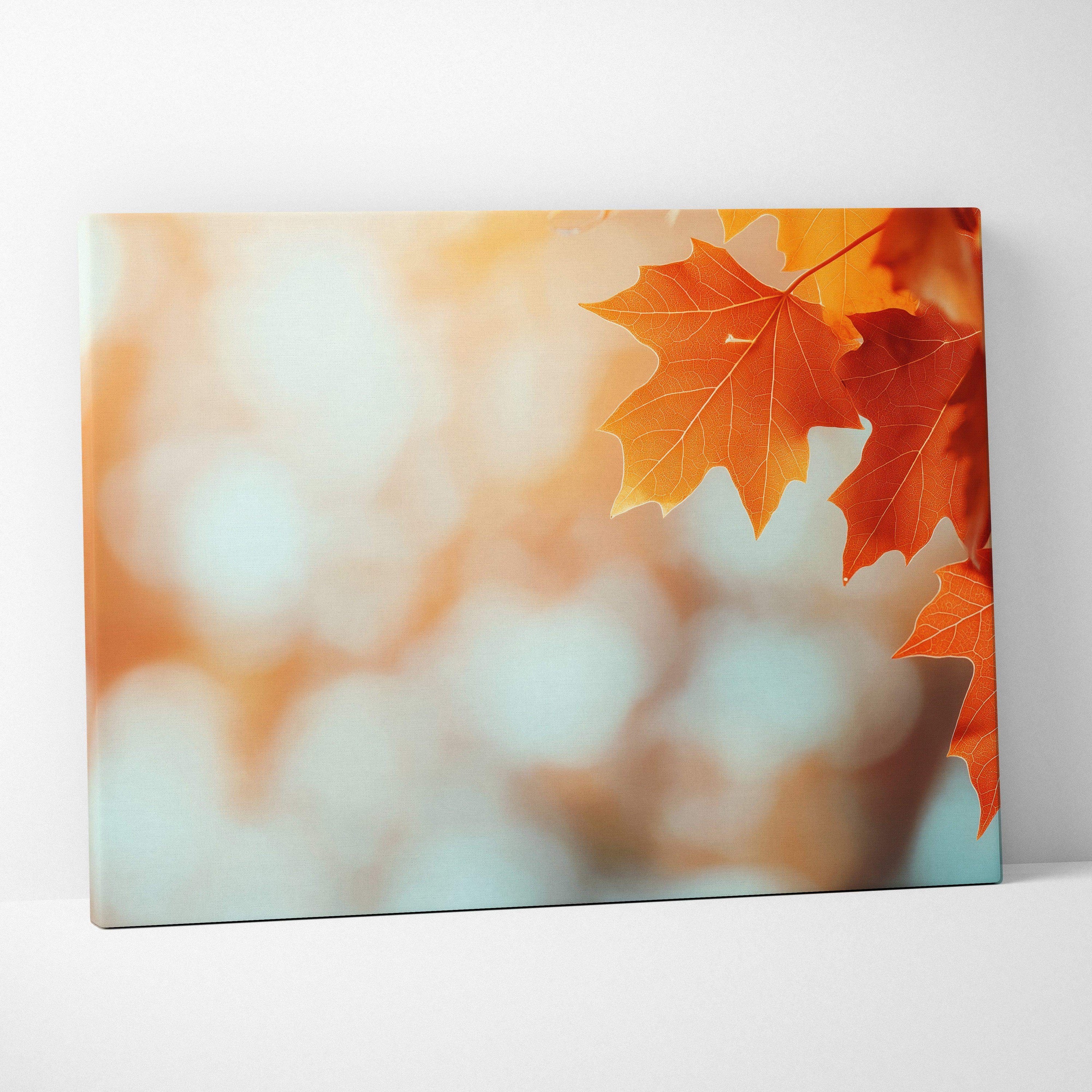 Autumn forest digital art canvas with orange maple leaves and soft bokeh background wall art.