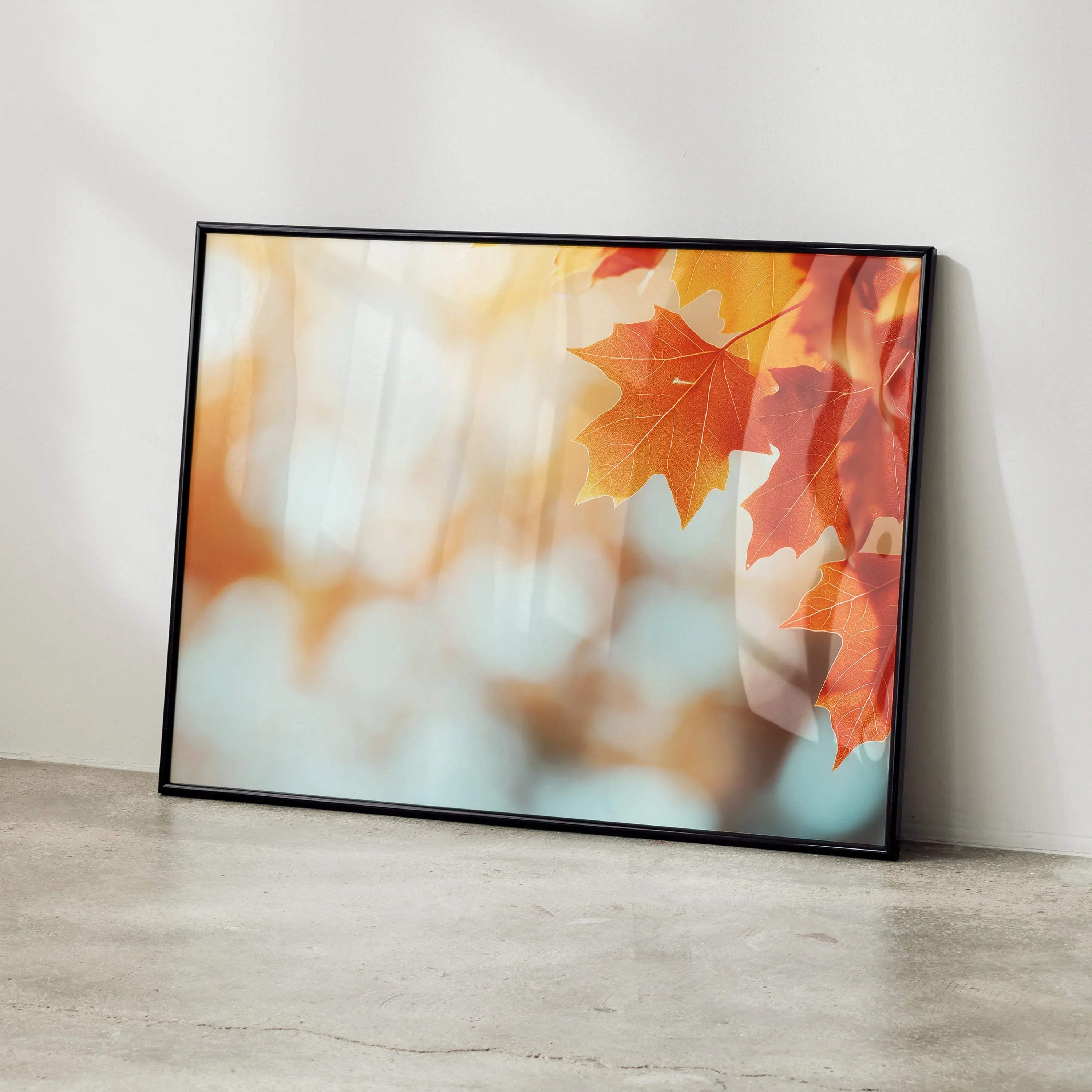 Autumn leaves in warm orange hues with soft blurred background digital art poster wall art.