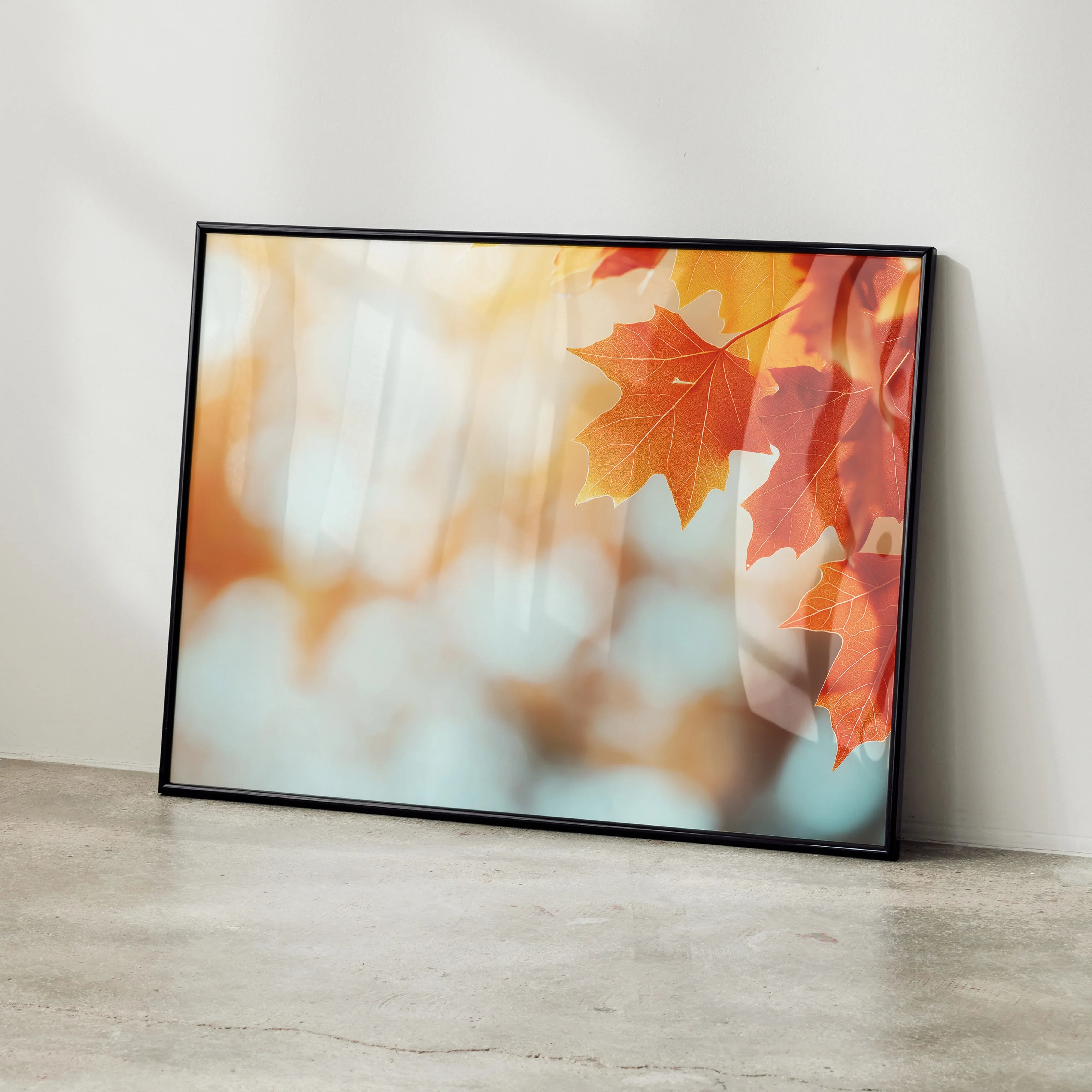 Autumn leaves in warm orange hues with soft blurred background digital art poster wall art.