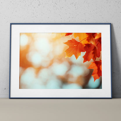 Autumn leaves digital art poster with orange maple leaves and soft blurred background wall art.