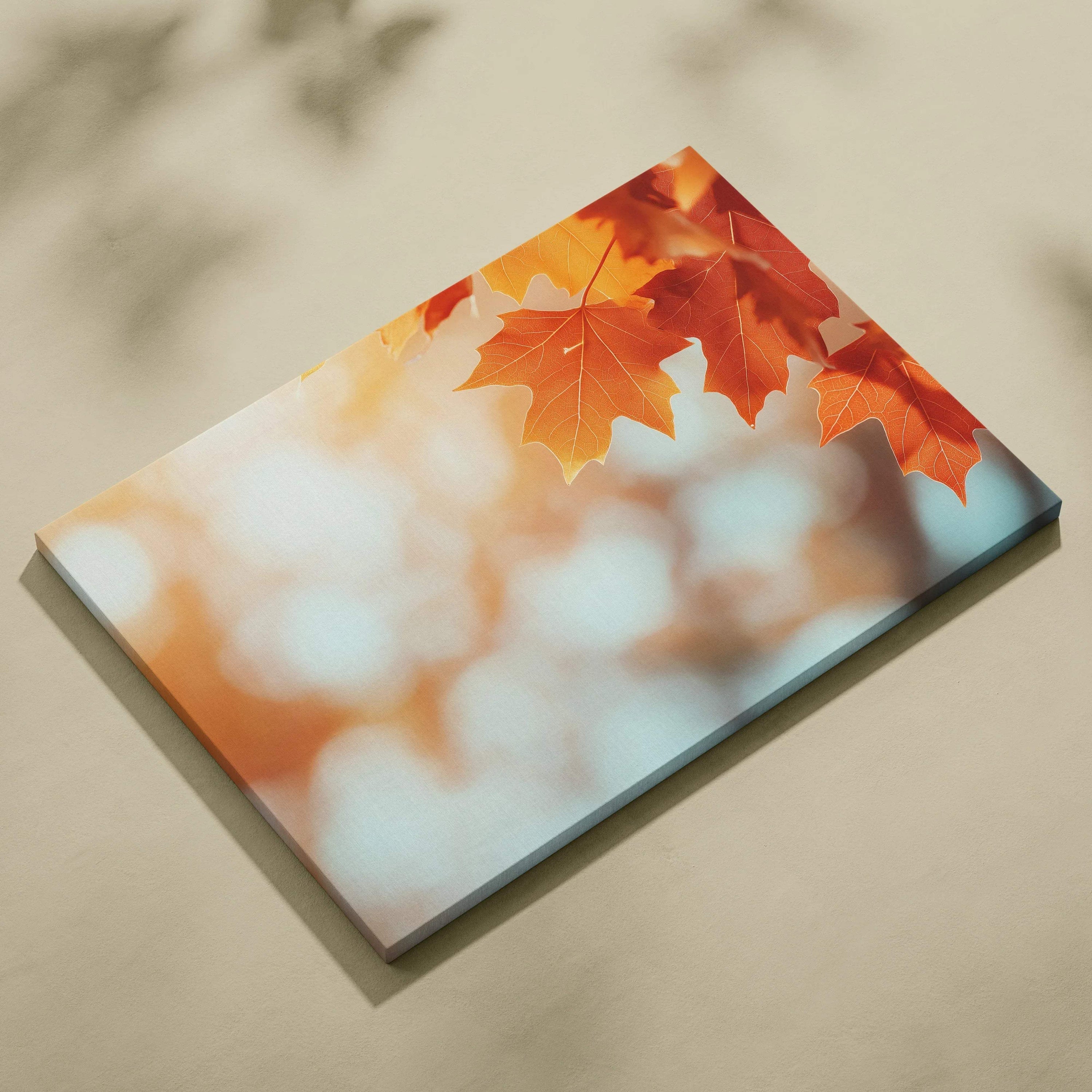 Autumn forest leaves with vibrant orange hues on soft bokeh background canvas wall art.