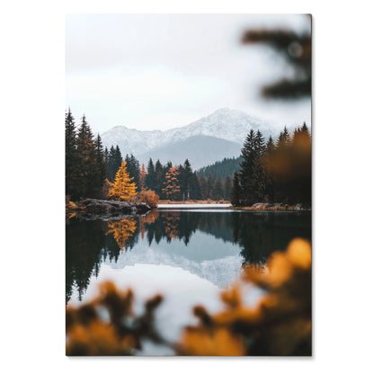 Vertical autumn forest poster with colorful trees and mountain reflection wall art.