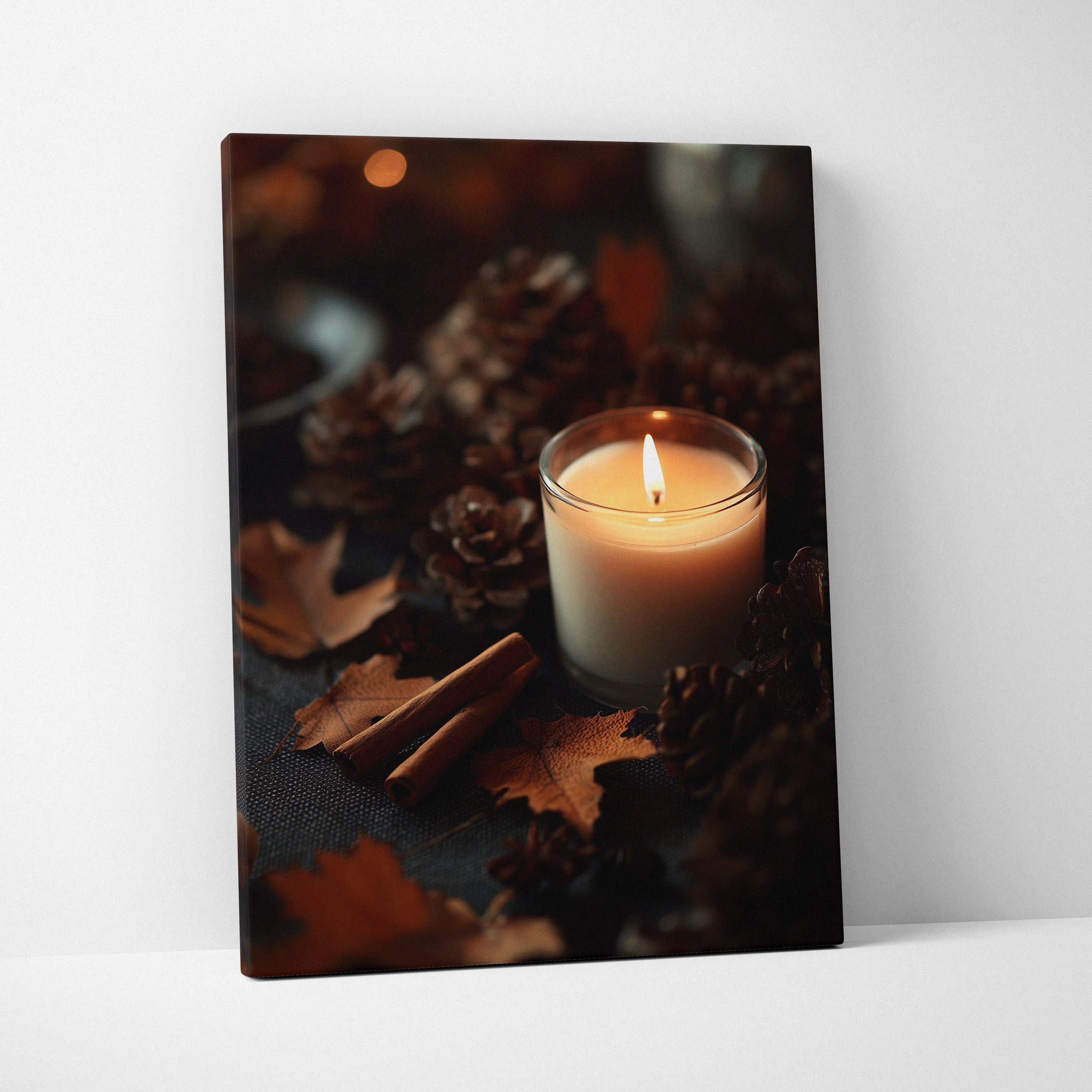 Canvas wall art featuring a lit candle surrounded by pine cones, cinnamon sticks, and autumn leaves.