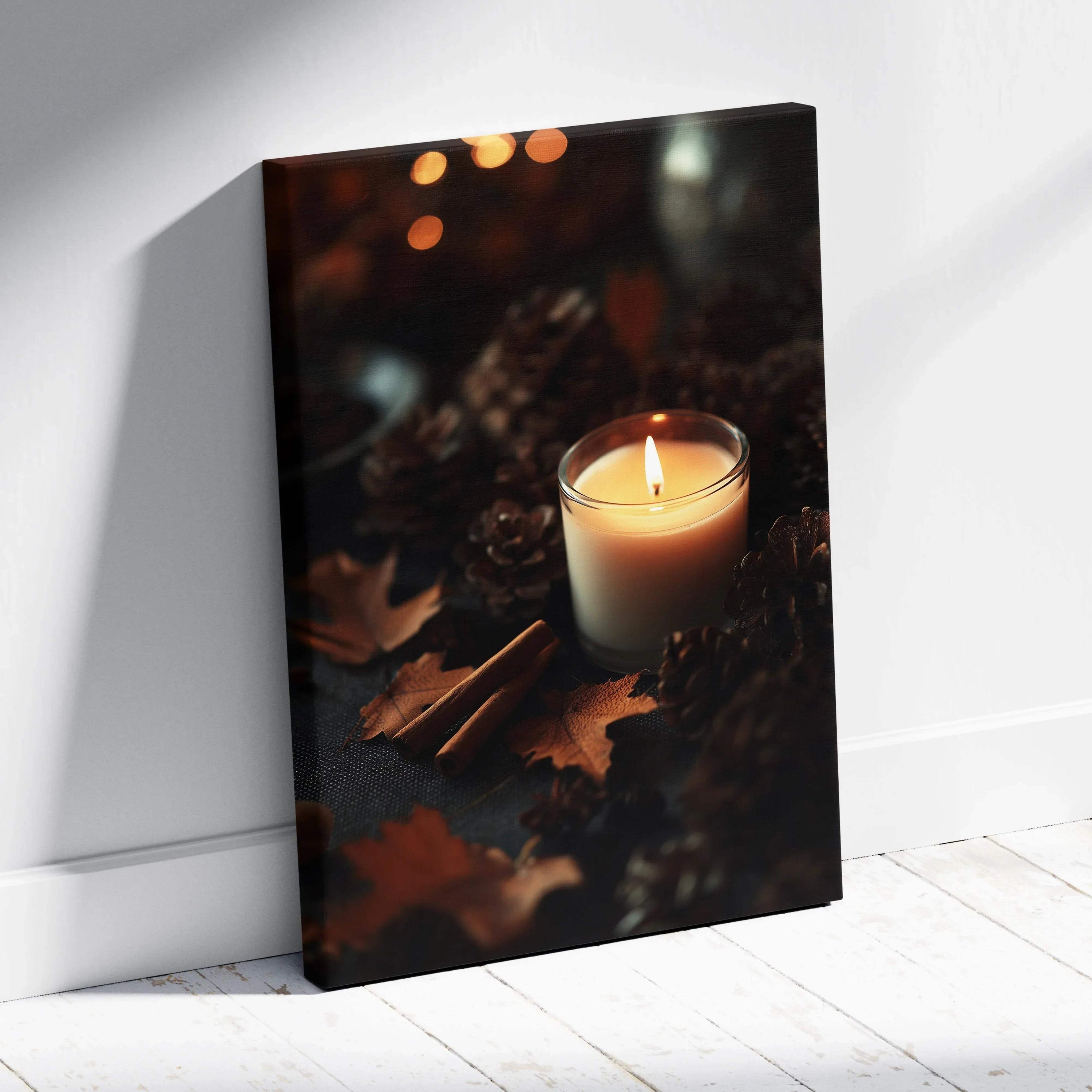Canvas wall art featuring a lit candle surrounded by autumn leaves and pinecones in warm, dark tones.