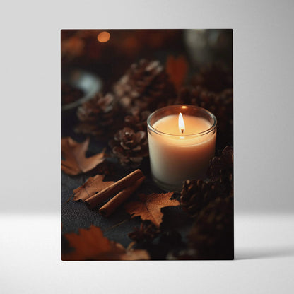 Canvas wall art featuring a lit candle surrounded by pine cones, cinnamon sticks, and autumn leaves.