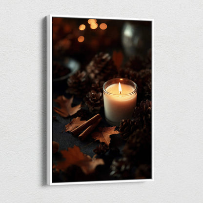 Canvas wall art featuring a glowing candle surrounded by pinecones and autumn leaves.