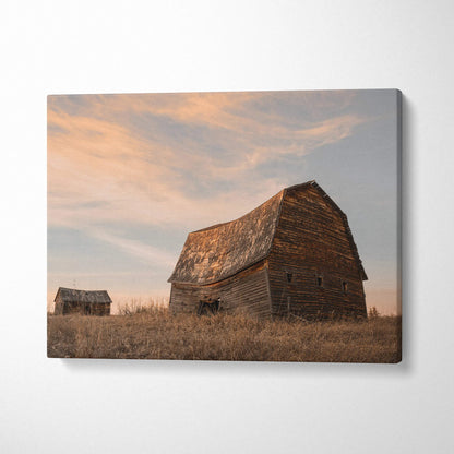 Rustic barn buildings in field at sunset canvas wall art print with soft pastel sky.