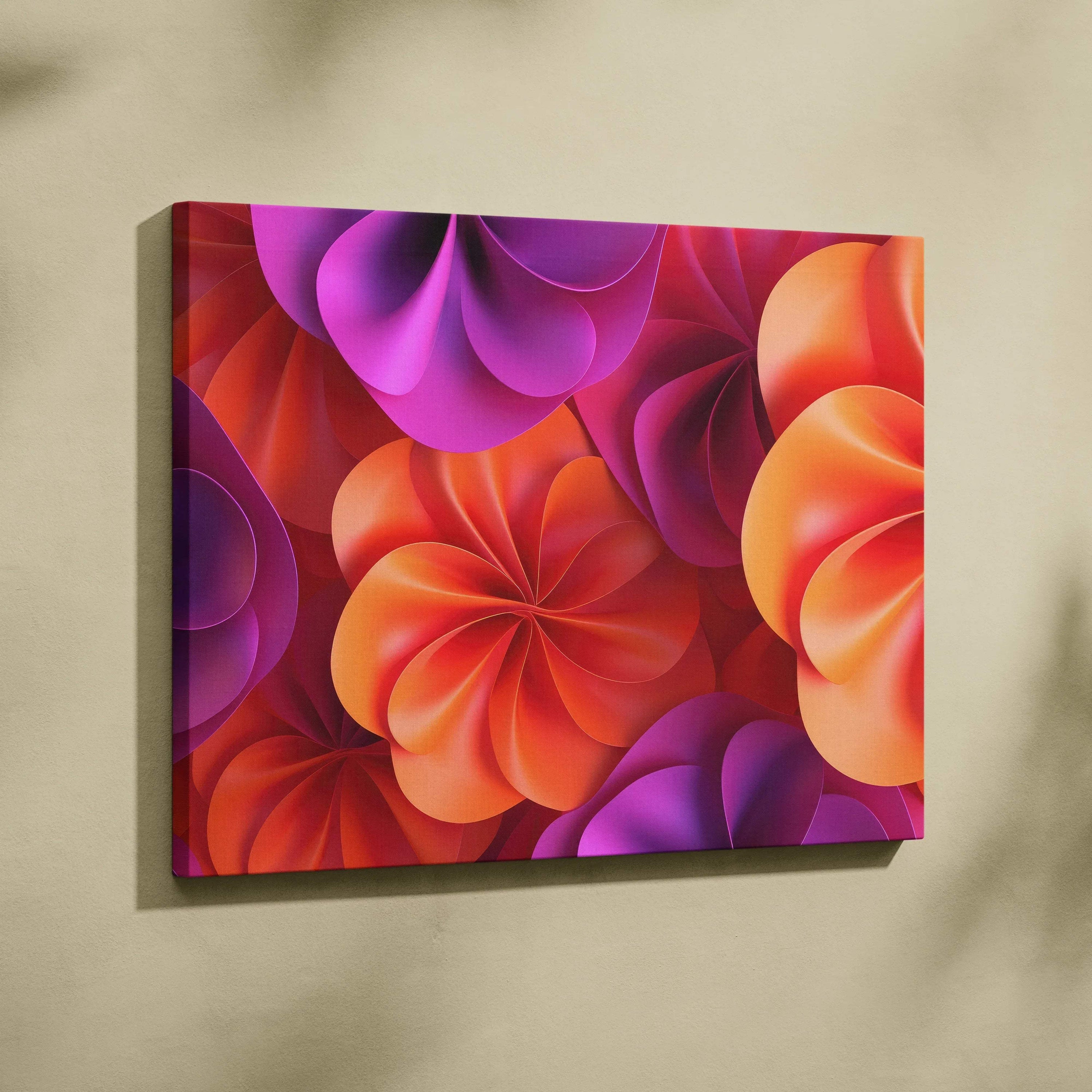 Vibrant abstract digital art canvas wall art with swirling purple and orange floral shapes.