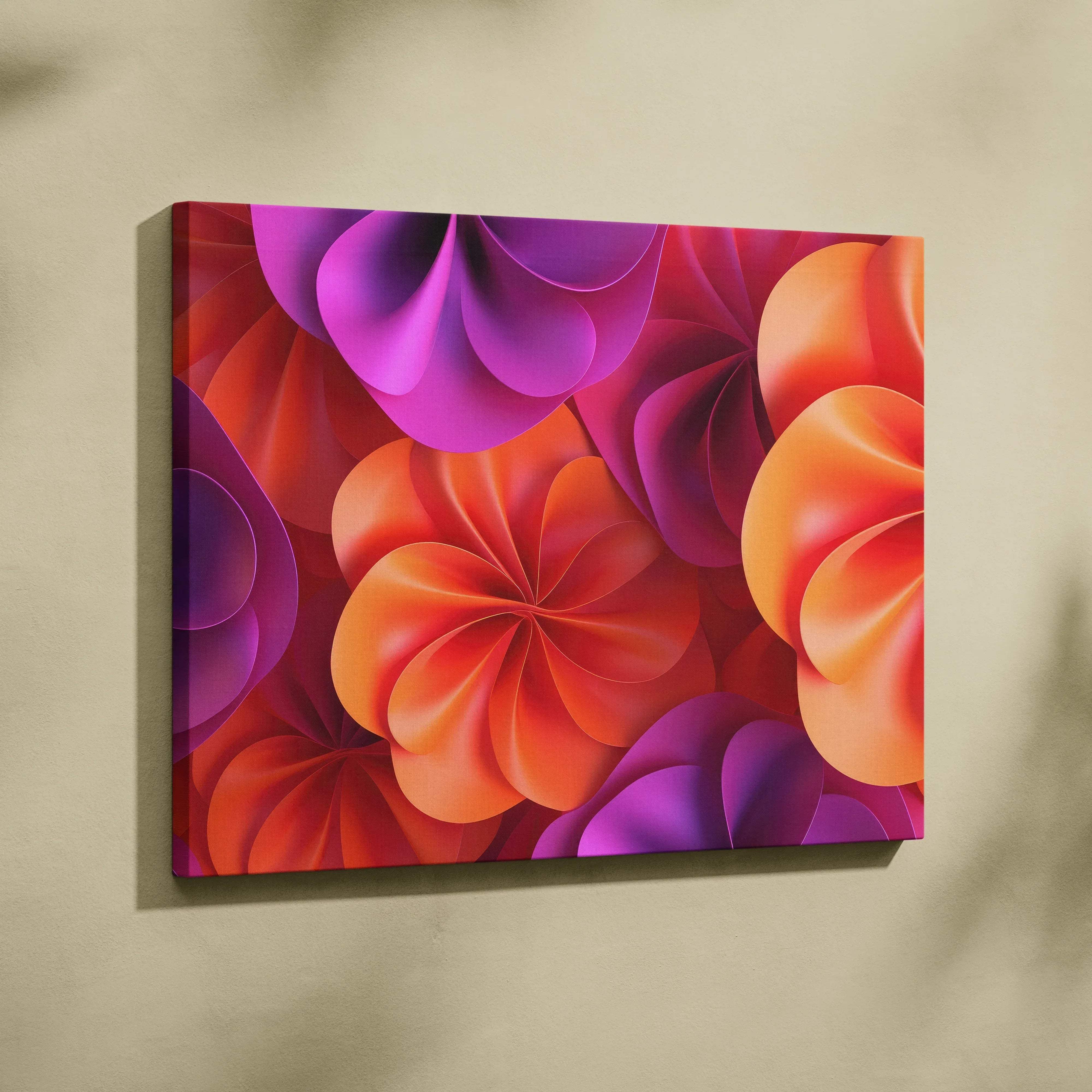 Vibrant abstract swirl petals canvas wall art with rich purple orange and red hues for modern living rooms