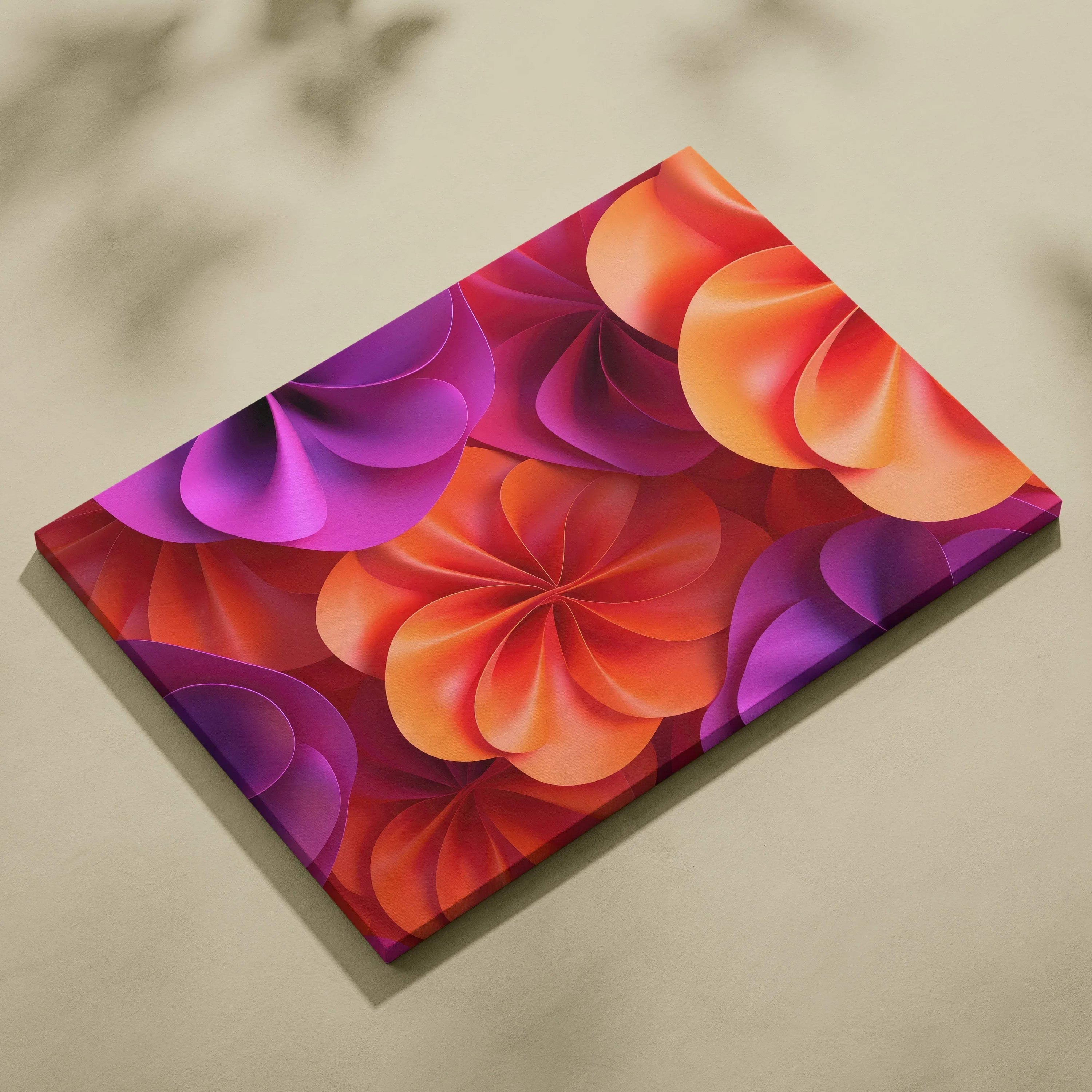 Vibrant abstract digital art on canvas with swirling orange and purple floral shapes, modern wall art canvas print.