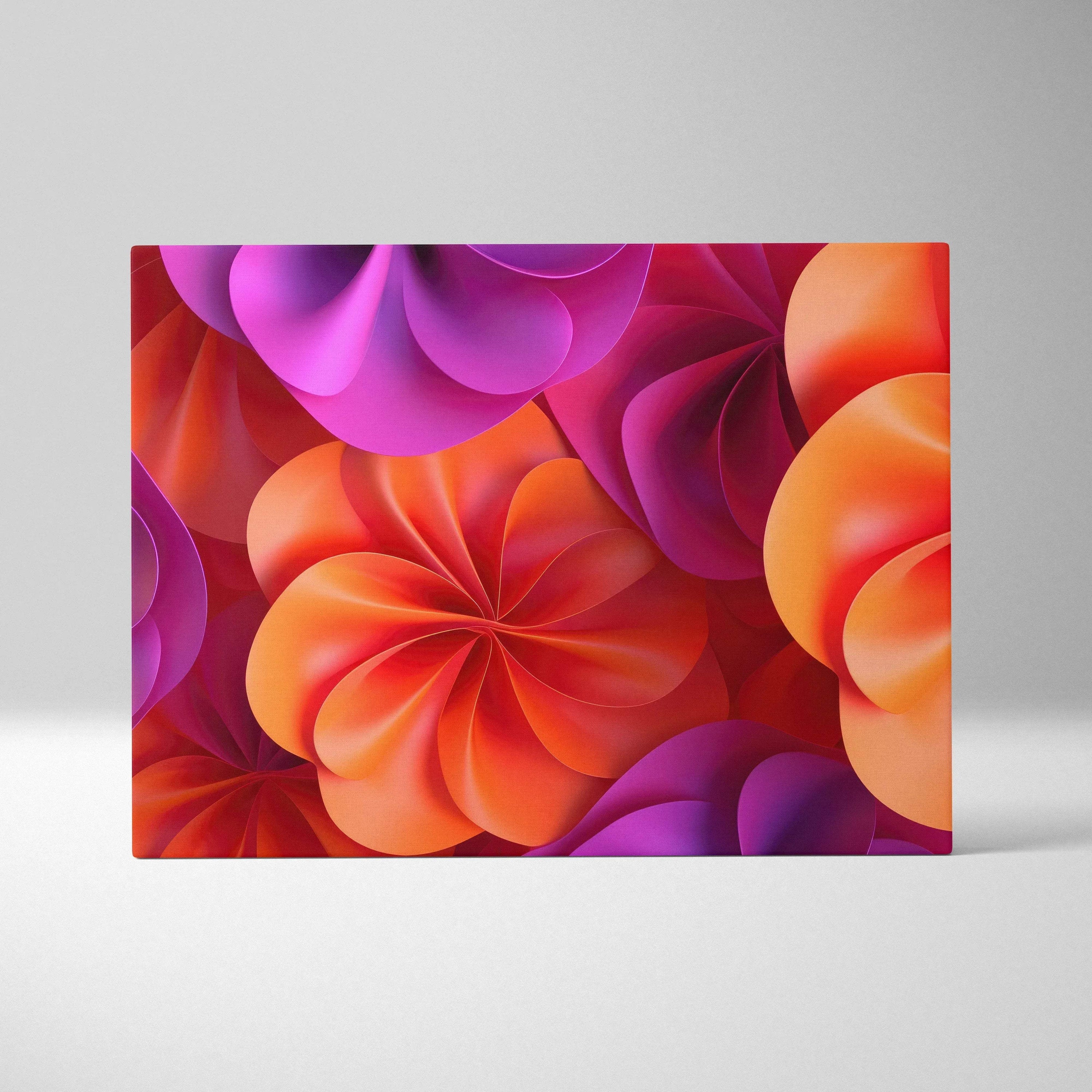 Colorful digital art canvas featuring abstract swirling shapes in vibrant orange and purple tones for wall decor.